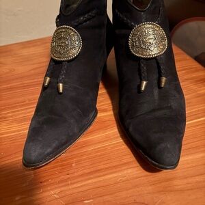 Studio Paolo Black Suede Pointed Heeled Booties with Gold Medallion